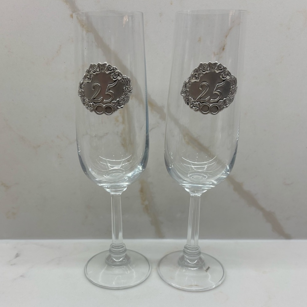 Vintage Pair of Silver 25th Anniversary Champagne Flutes Pewter Decal Germany